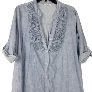 Mirror Image Womens Blue Cotton Lace Trim Roll Tab Sleeve Tunic Dress Large